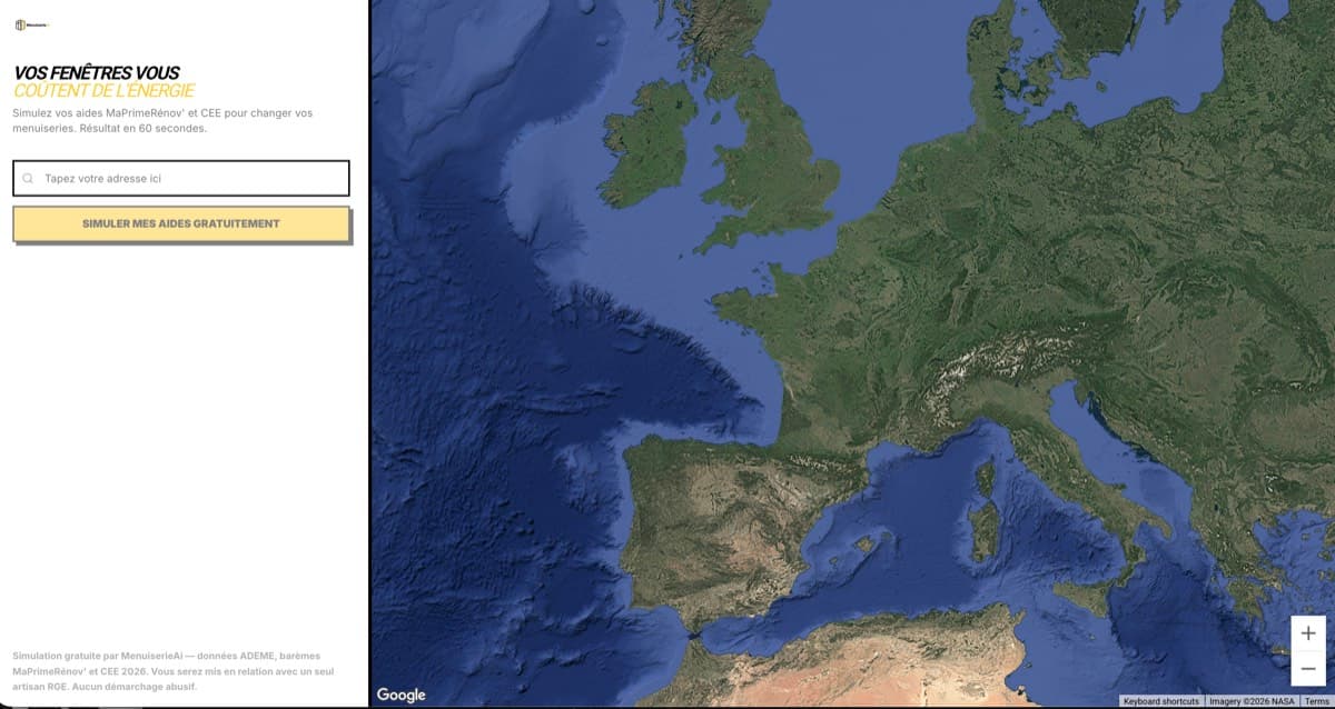 Simulateur MenuiserieAi — saisie d'adresse avec carte satellite de la France