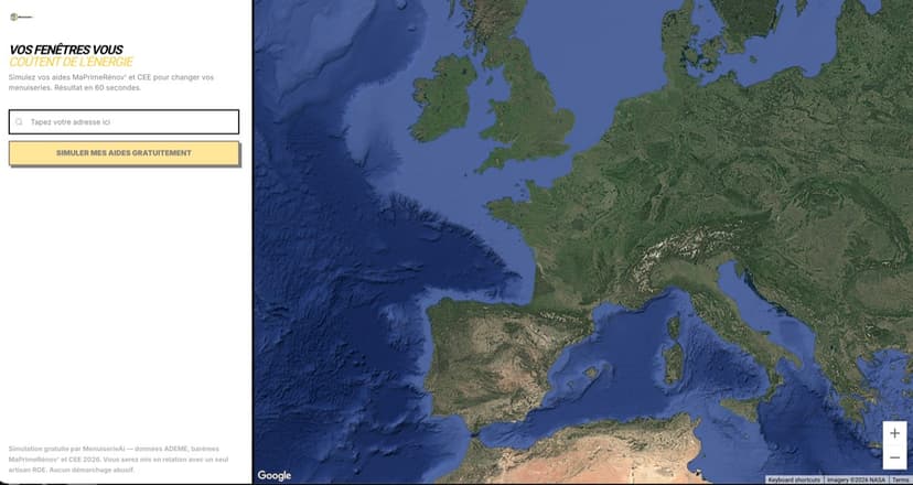 Simulateur aides rénovation menuiserie — écran d'accueil avec carte satellite