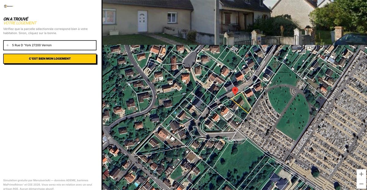 Simulateur MenuiserieAi — sélection de parcelle cadastrale sur vue satellite