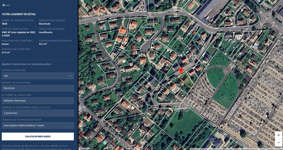 Simulateur MenuiserieAi — données techniques DPE avec formulaire de revenus