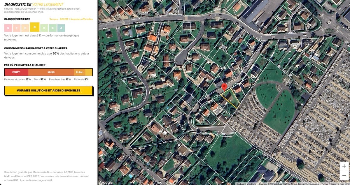 Simulateur MenuiserieAi — diagnostic DPE avec barre de déperditions et scénarios